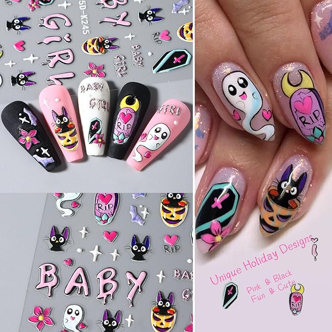 5D Self-Adhesive Nail Stickers for Halloween Nail Decals: DIY Nail Art Design with Bat, Ghost, Pumpkin, Spider Web, Witch, Skull, Bones, etc. Ideal for Halloween Party Supplies for Women (Pink)
