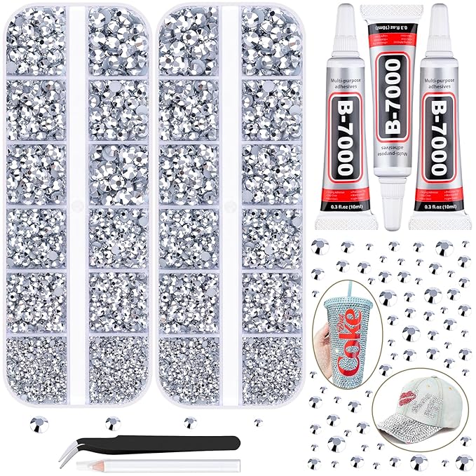 12100Pcs Resin Rhinestones for Crafting with 3Pcs 10ml B7000 Jewelry Glue, 2 Boxes Flatback Crystals Diomand (Silver) for Bedazzling Crafts DIY Nail Art Makeup，Non Hotfix Gems for Clothing Shoes