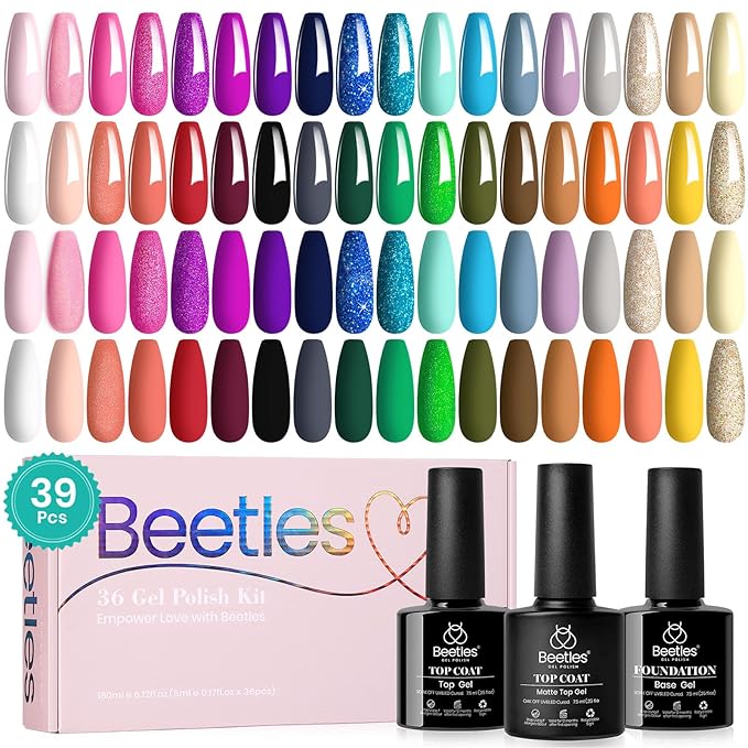 Beetles Gel Nail Polish Set, 36 Colors Gel Polish Set Sparkle Red Pink Glitter Black Nail Kit Free Journey Collection with 3Pcs Base Top Coat Soak off Uv Gel Polish Manicure Kit