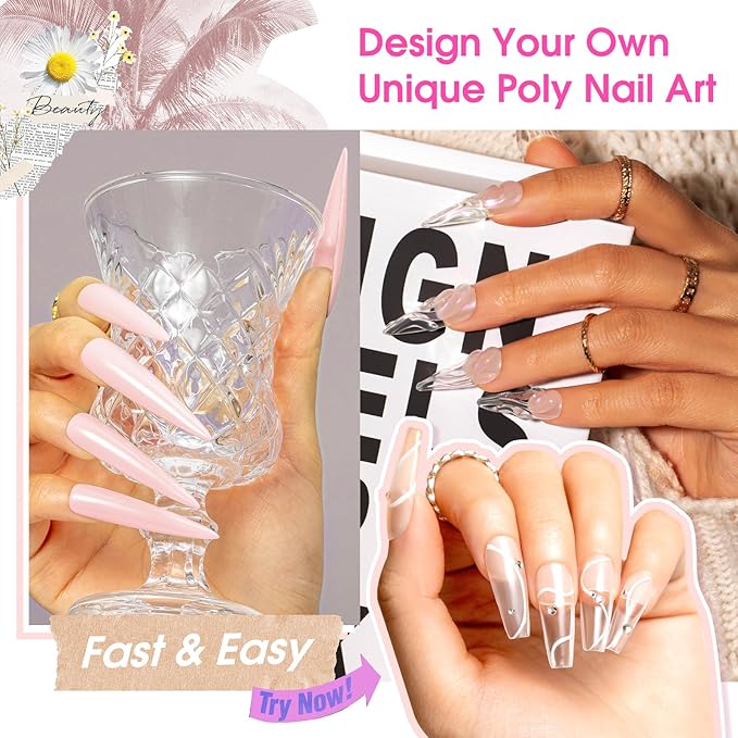 ROSALIND Pink Acrylic Poly Extension Gel, 2 PCS 2oz/60ml Poly Nail Gel kit for Clear Nail Art Decoration, Builder Clear Gel Thickening Tube Easy to DIY Use Need UV Lamp