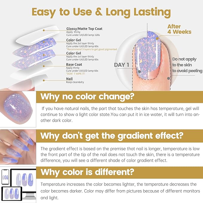 YTD Likomey Brocade Glitter Color Changing Gel Nail Polish,15ml Light Blue To Blue Shimmer Mood Temperature Change Colors Iridescent Flakes,Fall Winter Thermal Ombre UV Nail Gel,WB354