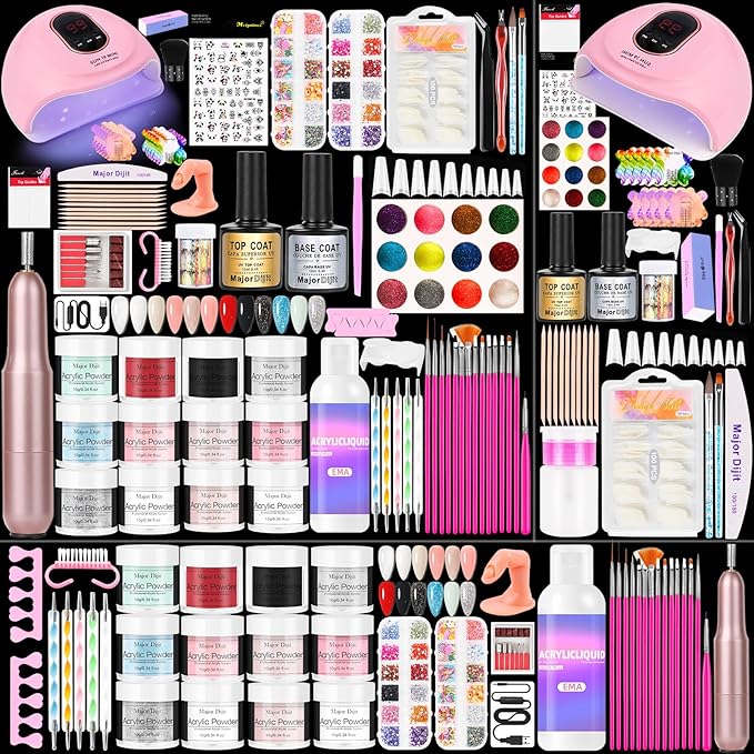 Major Dijit Acrylic Nail Kit with LED Lamp & Electric Drill - 12 Colors Acrylic Powder Monomer, Base/Top Coat, Tips/Glitter/Nail Charms | Nail Kit for Beginners with Everything