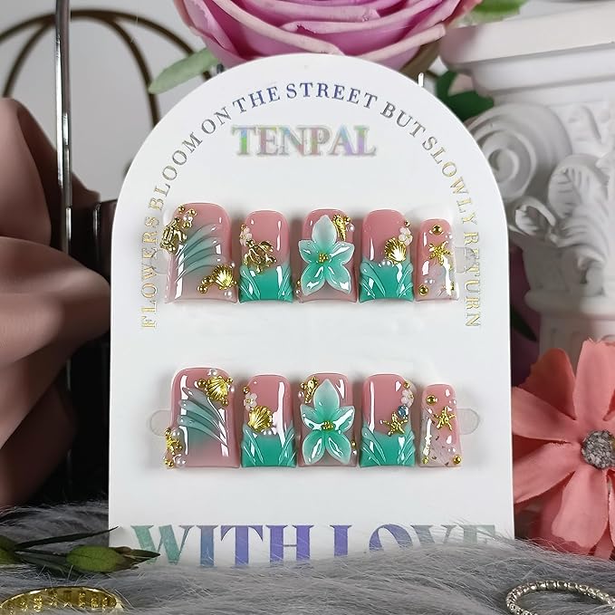 Duckbill Press on Nails - Ocean 3D Floral Teal Blushing Ombre Design | Icy Glossy Duck Fake Nails with Handmade Carving | Mermaid Y2K Style Glue on Nails for Resort Vacation(L)