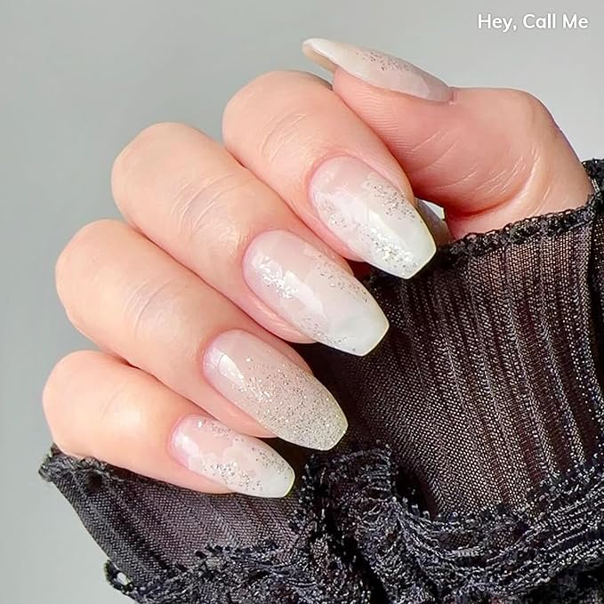Heyhae Semi Cured Gel Nail Strips | No LED Lamp Needed | Glitter, White, Spring | Easy Apply & Remove, Salon Quality | Includes 28 Strips, 1 Prep Pads, Nail File & Wooden Stick - Hey, Call Me