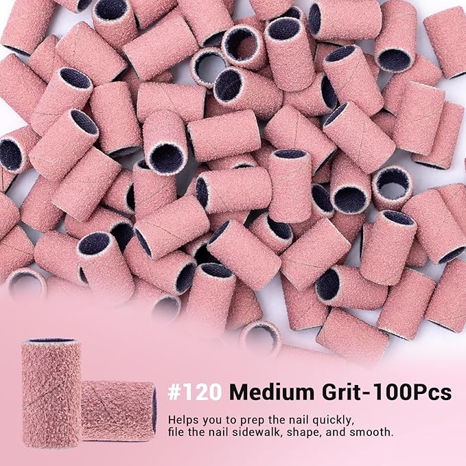 MelodySusie 100 Pcs Nail Drill Bits Sanding Bands for Nail Drill 120 Medium Grit Nail File Sanding Bands for Acrylic Nails Gel Manicures and Pedicure, Pink