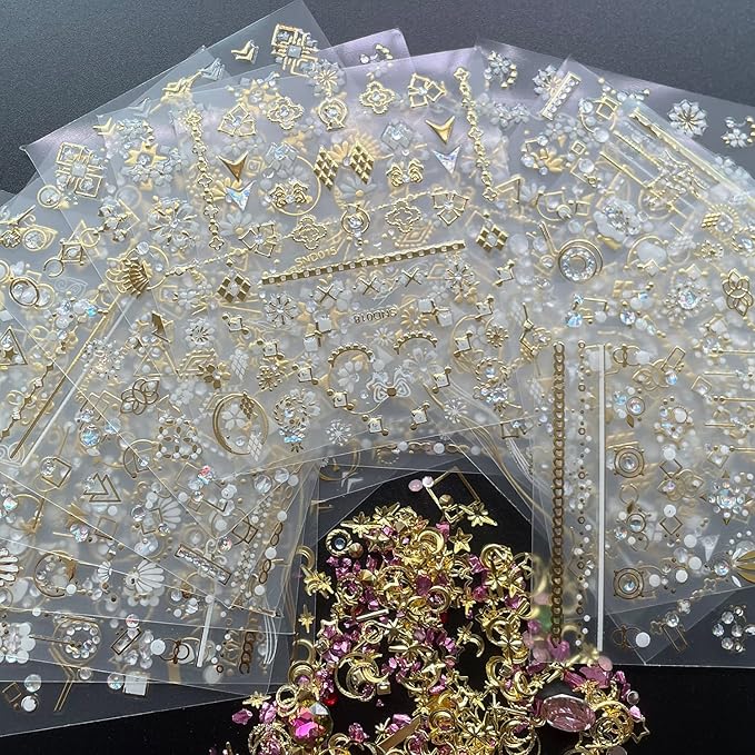 Zoance 20 Sheet 3D Nail Art Stickers,Gold/Diamond Design Luxury Embossed Self-Adhesive Nail Decals Customized Metallic Flower Nail Stickers for Women Girls Salon Home DIY Nail, Tweezers Included
