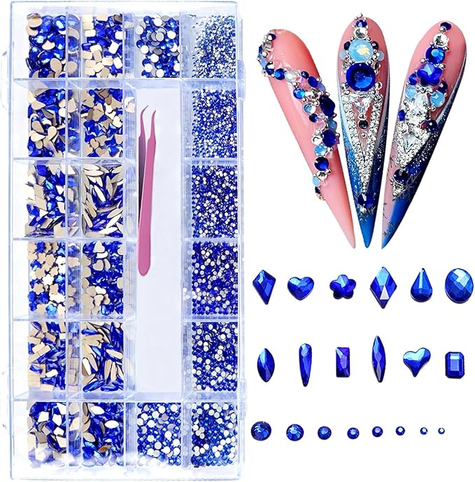6080PCS Blue Rhinestones for Nails, Mix Sizes Blue Nail Charms and Gems with 20 Shapes, 3D Flatback Crystals Diamonds for DIY Nail Art Design (Tweezers Included)