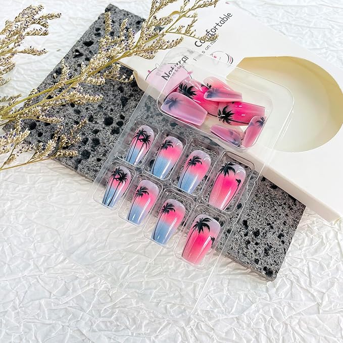 French Tip Press on Nails Medium Coffin Fake Nails with Coconut Tree Designs Seaside Starry Sky Gradient Glue on Nails Pink Blue Acrylic Nails Summer Beach Stick on Nails for Women Girls