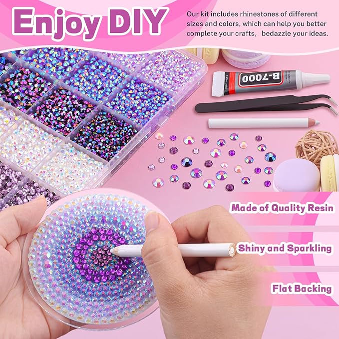 20000Pcs Purple Rhinestones for Bedazzling with 3Pcs B7000 Jewelry Glue, Resin Rhinestones for Crafting Crafts，Bedazzler Kit Flatback Gems for Clothing Shoes Tumblers Nail Art