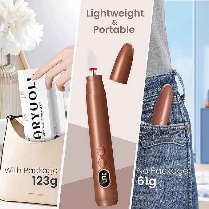 Cordless Electric Nail Drill Kit, Portable Rechargeable Nail Drill Set, Battery Electric Nail File, 5 Speeds Modes, LED Lighting, Reversible Direction, DIY, Professional (Gold)