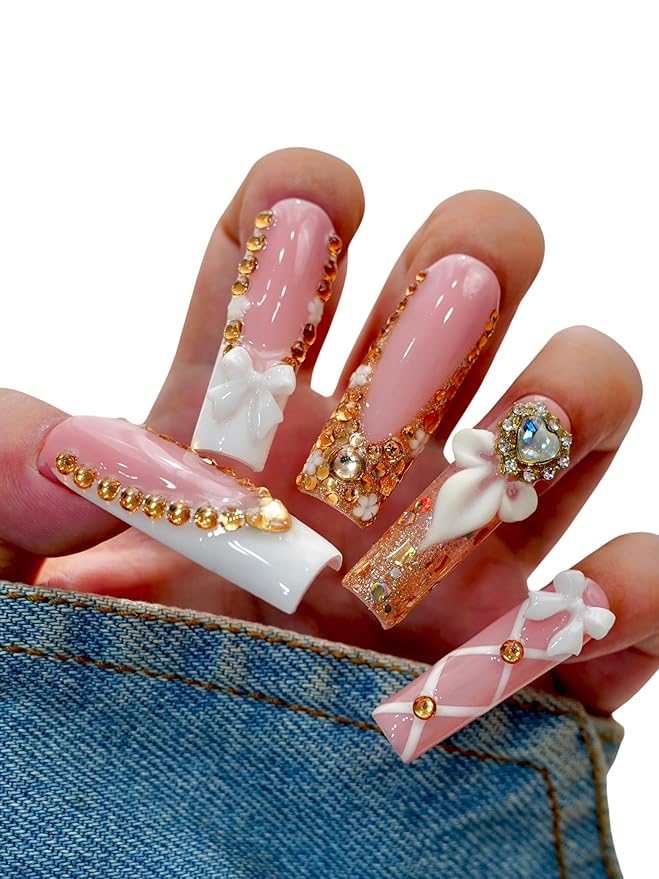 10PCS Nude Pink Press On Nails – Long Coffin Fake Nails with Rhinestone Borders, 3D Flowers & Bow Charms, Glossy Reusable Luxury Bridal Nails for Women and Girls – Euphrosyne