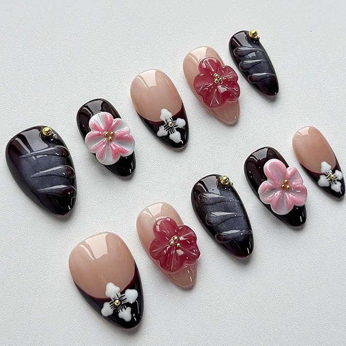 Luxury Press on Nails Short Almond Handmade 3D Unique Reusable ABS Material Fake Nails French Tip Purple False Nails with Designs Water Ripple Flower Glossy Glue on Nail Thick Acrylic Nail(M)