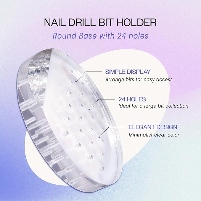PANA Round Transparent Acrylic Nail Drill Bit Holder Display Organizer Stand - Carbide Bit Storage Mount For Manicure Tools Nail Salon - 24 Holes Clear (Drill Bits Not Included)