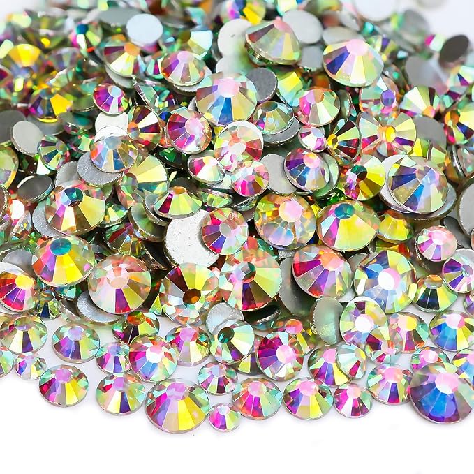 Genie Crystal 4,5,6.4 mm Mixed Size Flatback AB Rhinestones 80 Grams, ss16,ss20,ss30 Aurora Borealis Glass Rhinestone for Tumbler, Shoes, Makeup, Nail Art, Dance Costumes, Dress, DIY Bling Crafts