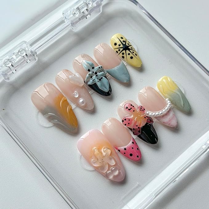 Luxury Press on Nails Medium Almond Handmade 3D Unique Reusable ABS Material Fake Nails French Tip False Nails with Designs Pearls Flower Water Ripple Glossy Glue on Nail Thick Acrylic Nail(S)