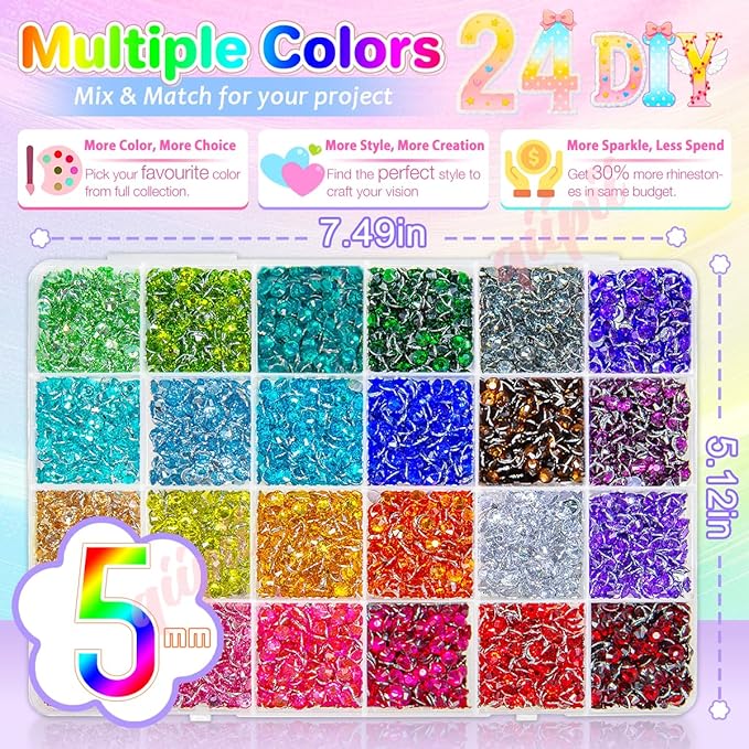24 Color 5mm Crystal Resin Rhinestones for Bedazzling Crafting SS20 Flatback Stones Colorful Gems Diamonds Charms for Nails Eyes Face Makeup Tumblers Bottles DIY Crafts Clothes Shoes Phones