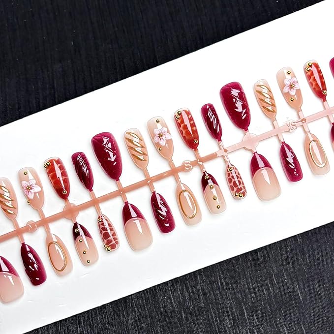 Press on Nails Medium Almond French Tip, 30 Pcs Handmade 3D Flowers Gold Lines Embossed Designs, Glossy Nude Fake Nails, Reusable Glue On Nails, Full Cover Acrylic Nails for Women Brown