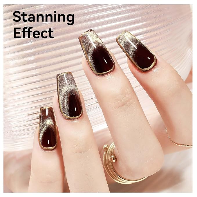 Cats Eye Gel Nail Polish, Dark Brown Magnetic Polish With Magnet, Glitter Holographic Shimmer Cateye Effect, UV Velvet Nail Art Manicure Salon DIY Home, 12ML