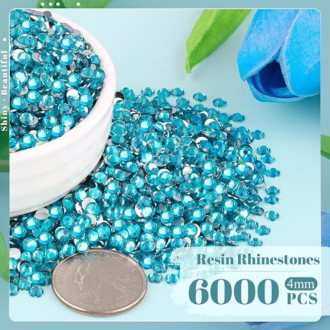 6000PCS 4mm Resin Rhinestones Bulk for Crafting (Indicolite), Flatback Bedazzling Crystals for Crafts DIY Nail Decoration, Gems Charms for Tumbler Shoes Clothing Fabric with Pickup Pen and Tweezers