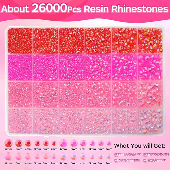 26000PCS Mixed Pink Resin Flatback Rhinestones for Crafting, Resin Rhinestones for Bedazzling Kit, 2/3/4/5/6mm Flatback Gems Jewels for DIY Mugs Tumblers Clothing Shoes Nail Art