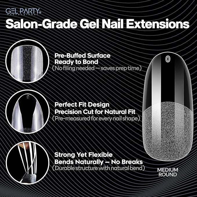 GELPARTY Soft Gel Nail Tips Medium Round - 240Pcs Pre-Buffed Matte Full Cover Tips - Natural Look, No Filing Needed, Soak Off Gel Extension System - Clear False Nails (12 Sizes)