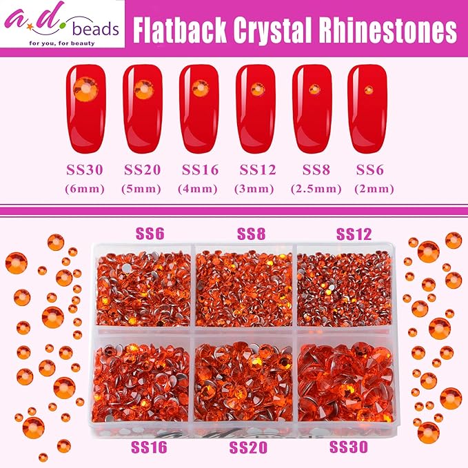 AD Beads 4300 Pieces Flat Back Nail Art Rhinestones Round Beads 6 Sizes (2-6.5mm) with Storage Organizer Box,Rhinestones Picking Pen for Nail Art Phone Decorations Crafts DIY (Orange)