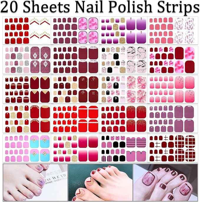 SILPECWEE Toe Nail Polish Strips Red Full Nail Wraps for Women Self Adhesive Nail Polish Stickers Gel Nail Strips Toenails Nail Art Decoration with 1pc Nail File (20 Sheets)