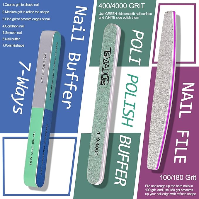 TsMADDTs Cuticle Pusher Nail File Kit, Nail Buffers and Files with 3 Files, 2 Buffering Blocks, 2 Polishing Buffers, Cuticle Nippers, Pusher and Oil