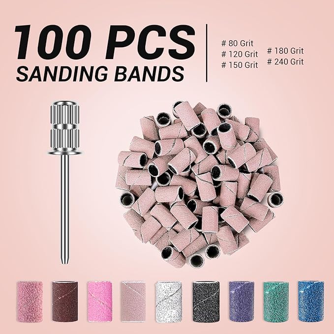 MelodySusie 100 Pcs Nail Drill Bits Sanding Bands for Nail Drill 180 Fine Grit Nail File Sanding Bands for Acrylic Nails Gel Manicures and Pedicure