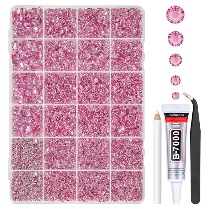 Dark Pink Crystal Resin Rhinestones w B7000 Glue for Bedazzling Crafting 2mm-6mm Flatback Stones Diamonds Crystals Gems Bedazzler Kit for Nails Face Eyes Makeup Tumblers Bottles Crafts Shoes