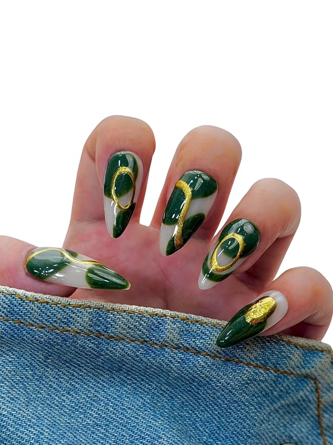 10PCS Black Chrome Press On Nails – Long Stiletto Fake Nails with Gold Metallic Swirl & 3D Waterdrop Design, Glossy Reusable Trendy Nails for Women and Girls – Euphrosyne