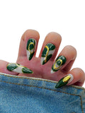 10PCS Black Chrome Press On Nails – Long Stiletto Fake Nails with Gold Metallic Swirl & 3D Waterdrop Design, Glossy Reusable Trendy Nails for Women and Girls – Euphrosyne