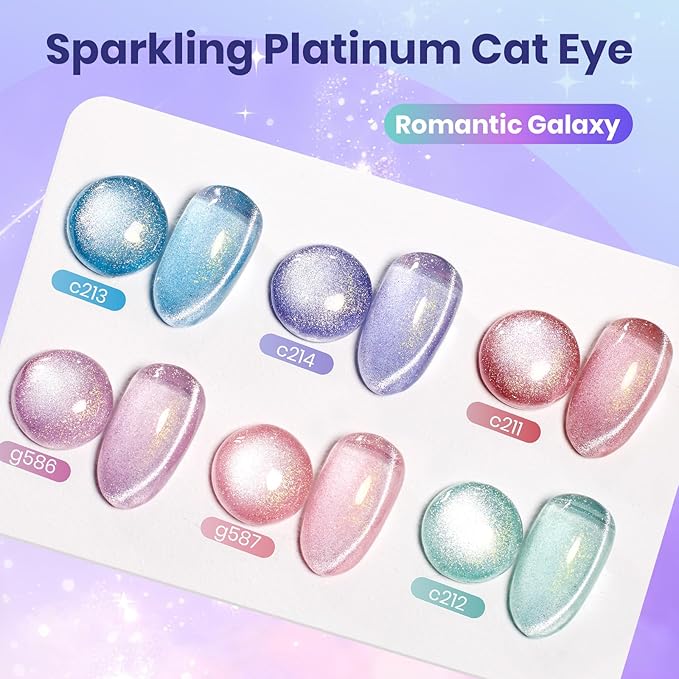 Beetles Romantic Galaxy Cat Eye Gel Nail Polish Set - 6 Colors Glitter Gel Polish Kit Pink Blue Purple Red Green Velvet Gel Magnet Soak Off UV French Nail Art Manicure Spring Summer Gift for Women