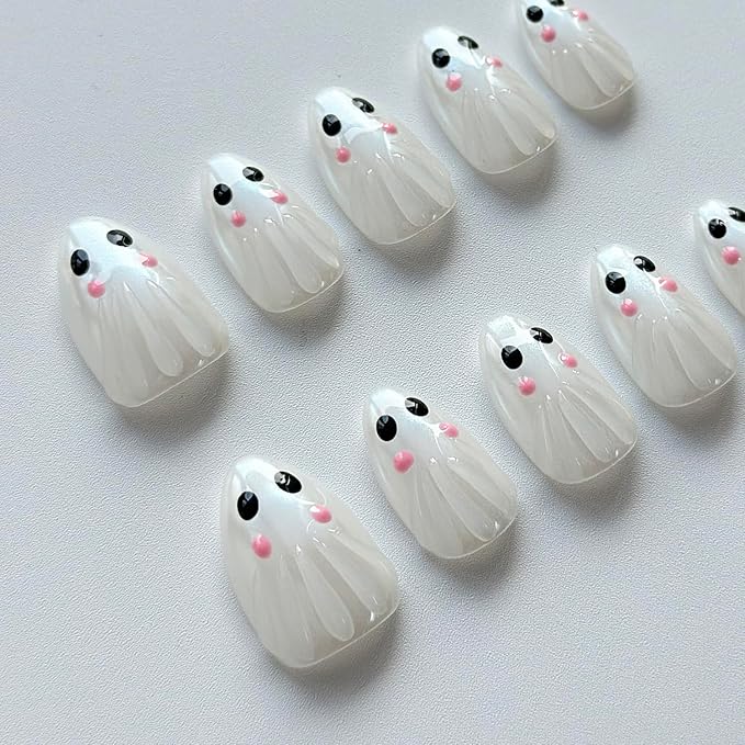 Halloween Press on Nails Medium Almond Handmade Nails 3D Unique Reusable ABS Material Luxury Fake Nails Chrome Cute Little Ghost False Nails with Designs Glossy Glue on Nails Thick Acrylic Nails(M)
