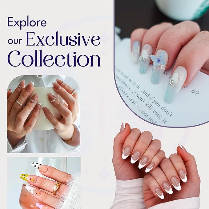 3D Handmade Press On Nails, Short Almond Shaped, French Tips, Acrylic, Gel, Reusable Kit, For Women & Girls Daily Wear or Special Occasion (Frosted Tips - M)