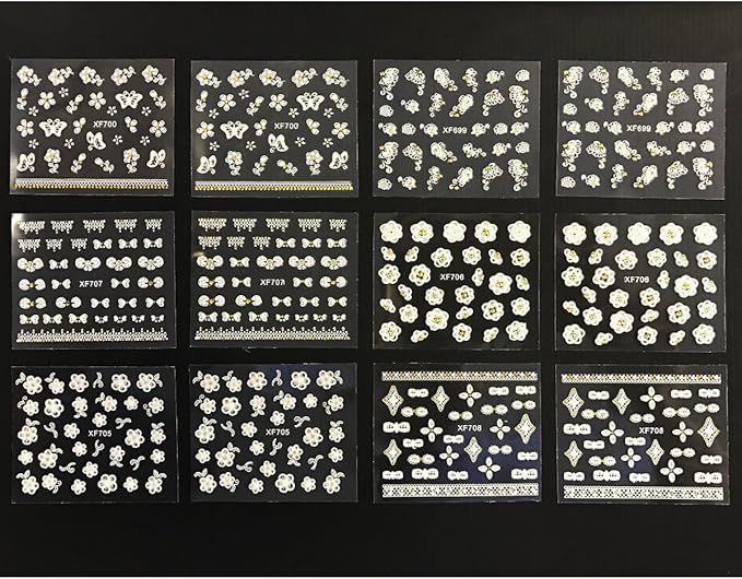 Wrapables A70194_a White with Gold Rhinestones Nail Art Stickers 3D Nail Decals (50 Sheets), Flowers, Bows, & Butterflies Nail Art Stickers (50 Sheets), Floral Rhinestones