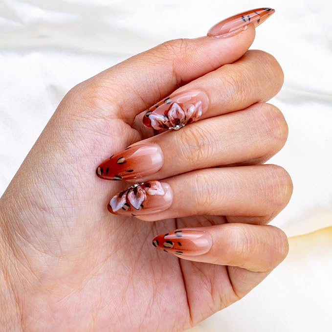 10 Pieces Handmade Press On Nails Medium Almond, Brown Thickened French False Nails, 3D Petals, Reusable Fake Nails Almond, Reusable Acrylic Nails (S)