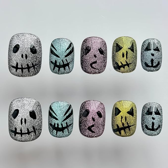 Halloween Press on Nails Short Square Handmade Nails 3D Unique Reusable ABS Material Fake Nails Cute False Nails with Designs Glitter Sparkly Glossy Glue on Nail Thick Acrylic Nail(S)