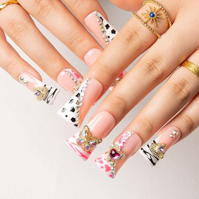 LOVFUL Press on Duck Nails Salon Quality Rolling Luxe Curve | Handmade Acrylic with Full Covered Crystals | Reusable Fake Nails | Duck Classic Regular 1.3 in | H144-M