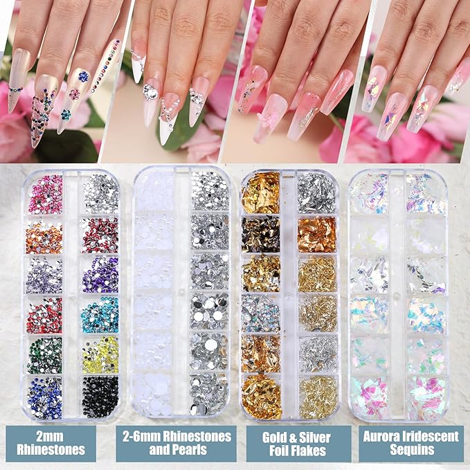 Nail Art Brushes Set,Nail Art Kit for Beginners,Brushes Dotting Pens with Striping Tape,Mini Caviar Beads,Rhinestones,Pearls,Foil Flakes,Sequins,Stickers Manicure Design Tools (White)