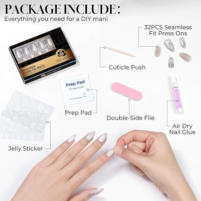 UNA GELLA 32Pcs Soft Gel Press on Nails - 16 Sizes Silver Cat Eye Almond Glue on Nails, Reusable Glitter False Nails, Full Cover Acrylic Nail Kit for Women DIY Home Manicure