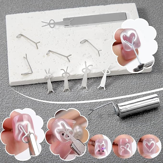 14pcs Cat Eye Magnets, 3-in-1 Heart Magnet for Nails, Flower Magnet, Cylindrical Rectangular Magnet+Scissor-Shaped Plates+Y-Shaped Brackets+Bunny-Shaped Plates for French Heart Bunny Effect