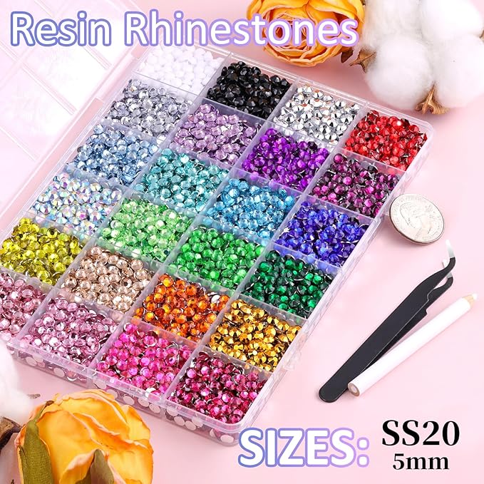 6600Pcs Resin Rhinestones with Tweezers, Multicolor 5mm Flatback Gems with 1 Pc B7000 Jewelry Glue, Bedazzling Crystal for Nail Art
