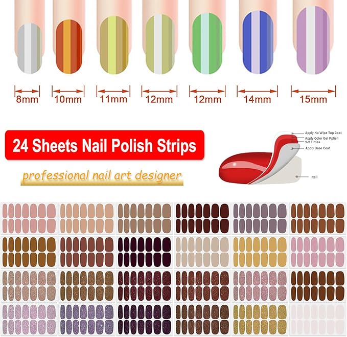 DANNEASY 24 Sheets Nail Polish Stickers Full Nail WrapsSolid Color Nail Polish Strips for Women Gel Nail Strips Self Adhesive Fingernail Stickers Manicure Kit with File, Cuticle Stick