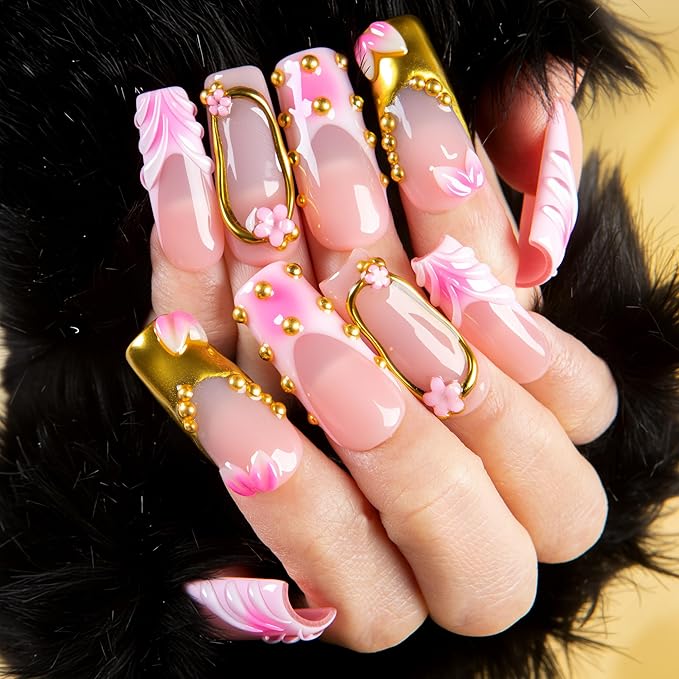 LOVFUL Short French Tip Press on Nails Rosy Charm | Handmade Acrylic Press ons| Reusable Fake False Nails | Square Classic Regular 1.3in | H692-M