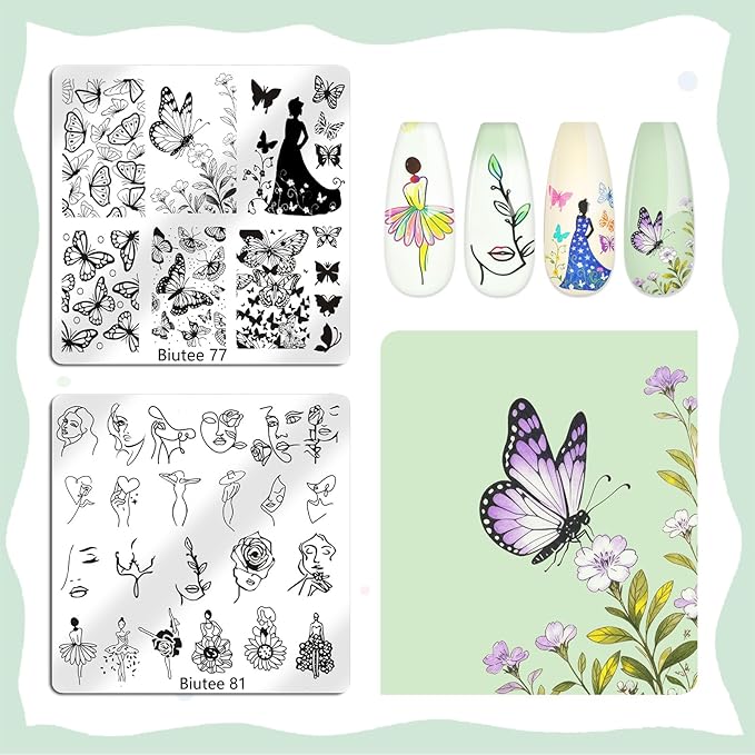 Biutee Nail Stamping Kit 15Pcs Nail Art Stamping Plate Set 8 Colors Nail Stamping Gel Polish, Nail Stamper and Scraper with Storage Bag, Nail Stamper Kit Flower Leaves Star Template Design