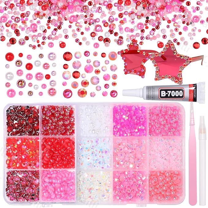15 Grids Pearls and Resin Rhinestones for Crafting, Pink Red Colors White Bedazzling Gems Kit, Jelly Resin Rhinestones for Nails Face Eyes Makeup Crafts Tumblers Bottles