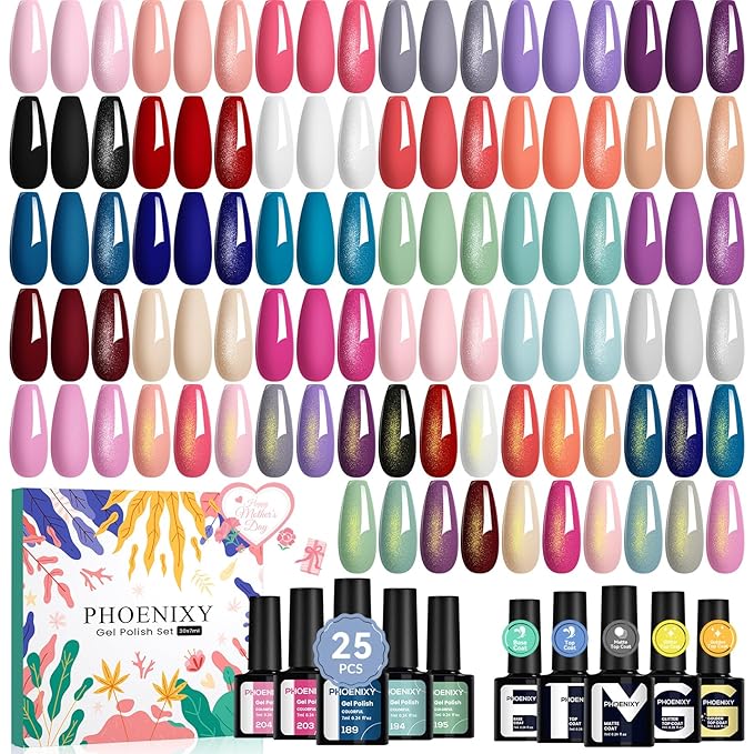 Phoenixy 30 PCS Gel Nail Polish, 25 Color Gel Nail Polish Kit 5pcs Base Coat Glossy Matte Gold Glitter and Silver Glitter Top Coat Fall Winter White Purple Pink Red Green Starter Gift for Women