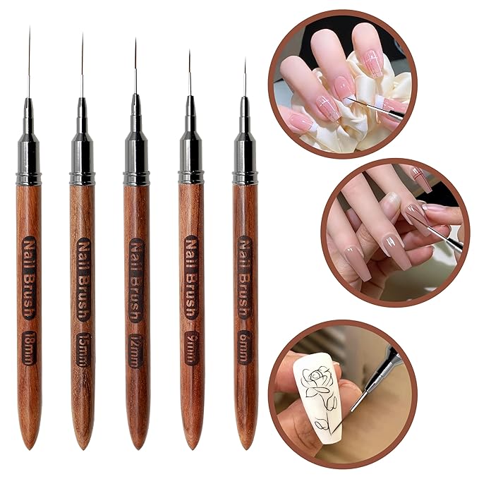 Nail Art Brushes, 5Pcs Wooden Nail Art Liner Brushes,Natural color,Painting Art Design Brush Set Nail Dotting Drawing Tool For Long Lines, Thin Details, Fine Drawing Sizes 6/9/12/15/18mm