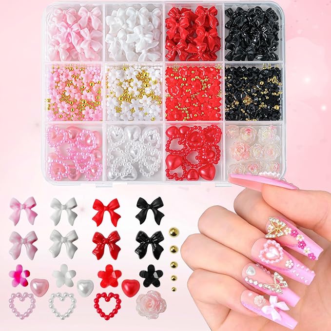 3D Nail Charms and Gems with Bows, Hearts, Rose, Flowers Pearls and More Than 500 Rhinestones for Nails Design, Cute Y2K 3D Nail Decorations